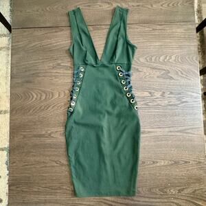 IRIS Green Bodycon Mini Dress S Side Lace Up Corset Deep V Neck Y2K